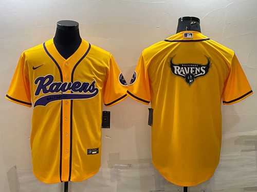 Men%27s Baltimore Ravens Yellow Team Big Logo With Patch Cool Base Stitched Baseball Jersey
